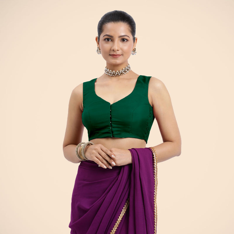 Nazia x Rozaana | Bottle Green Sleeveless FlexiFit™ Saree Blouse with Front Open Curved V Neckline with Deep Back and Dori-Binks