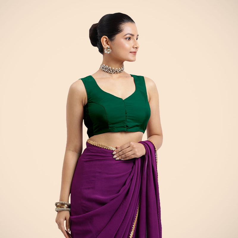 Nazia x Rozaana | Bottle Green Sleeveless FlexiFit™ Saree Blouse with Front Open Curved V Neckline with Deep Back and Dori-Binks
