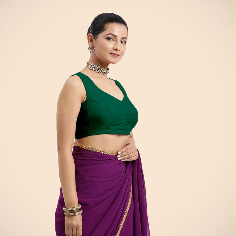 Nazia x Rozaana | Bottle Green Sleeveless FlexiFit™ Saree Blouse with Front Open Curved V Neckline with Deep Back and Dori-Binks