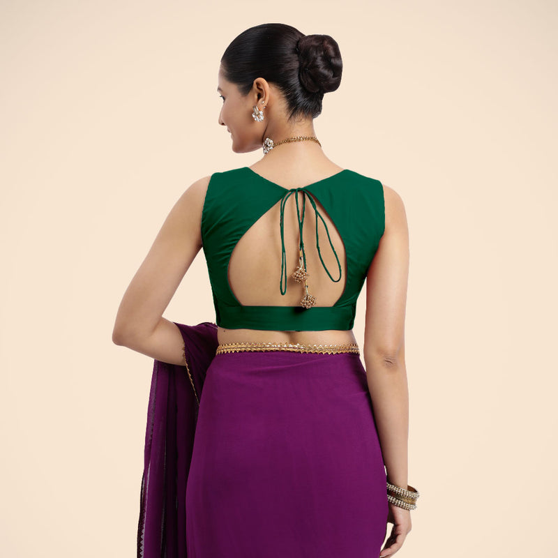 Nazia x Rozaana | Bottle Green Sleeveless FlexiFit™ Saree Blouse with Front Open Curved V Neckline with Deep Back and Dori-Binks