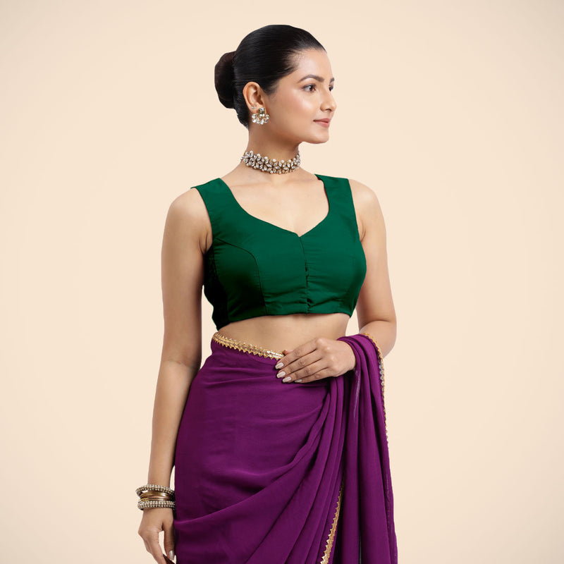 Nazia x Rozaana | Bottle Green Sleeveless FlexiFit™ Saree Blouse with Front Open Curved V Neckline with Deep Back and Dori-Binks