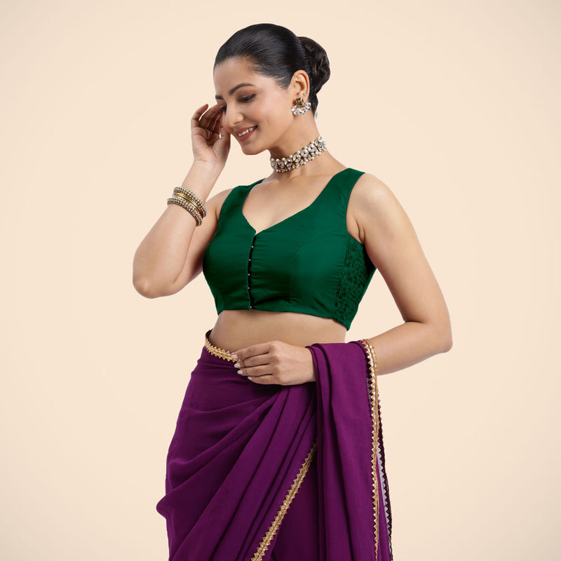 Nazia x Rozaana | Bottle Green Sleeveless FlexiFit™ Saree Blouse with Front Open Curved V Neckline with Deep Back and Dori-Binks