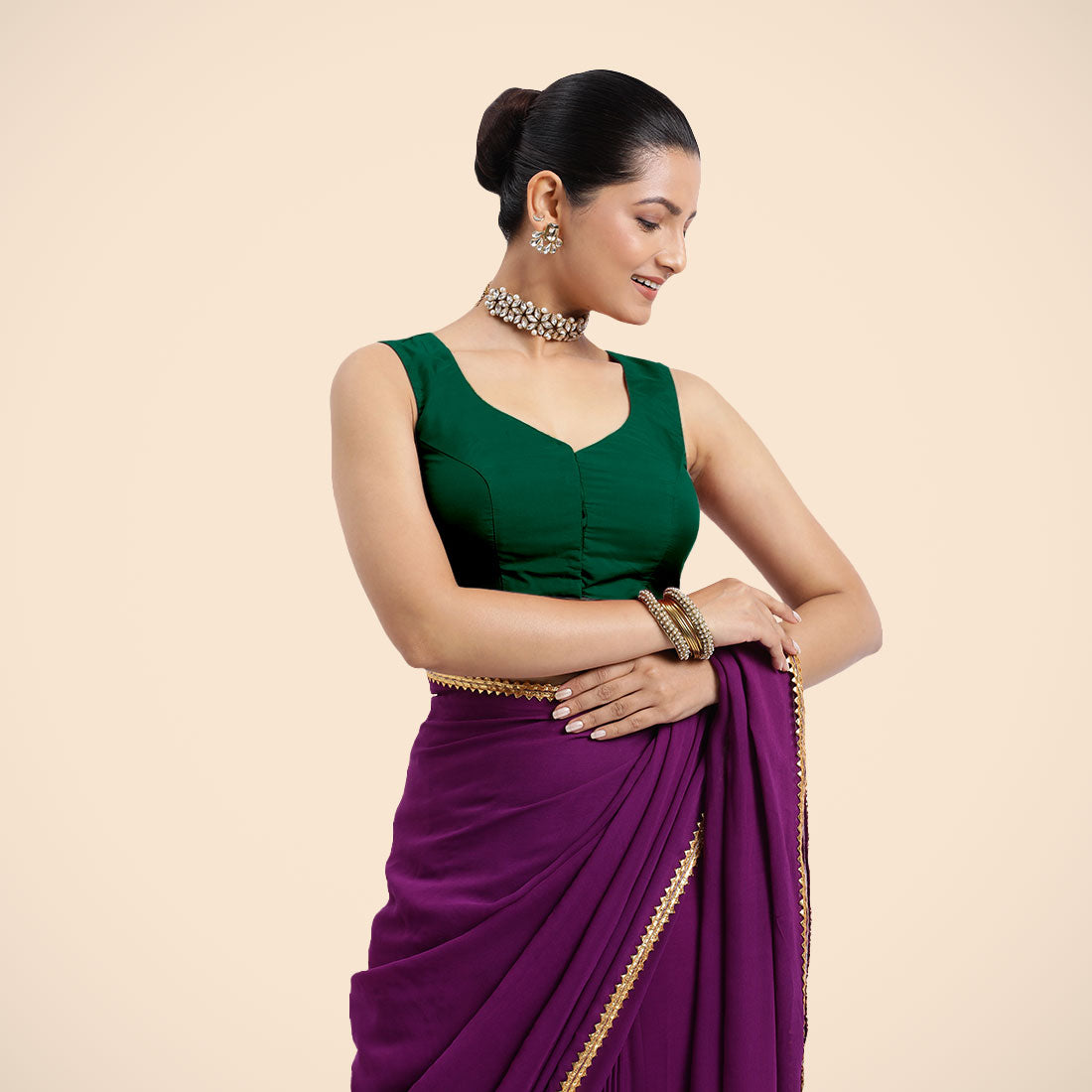 Nazia x Rozaana Saree Blouse, in Green Vegan Silk, featuring sleeveless and curved v-neckline, made for daily & work (view 8).