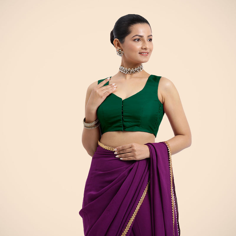 Nazia x Rozaana | Bottle Green Sleeveless FlexiFit™ Saree Blouse with Front Open Curved V Neckline with Deep Back and Dori-Binks