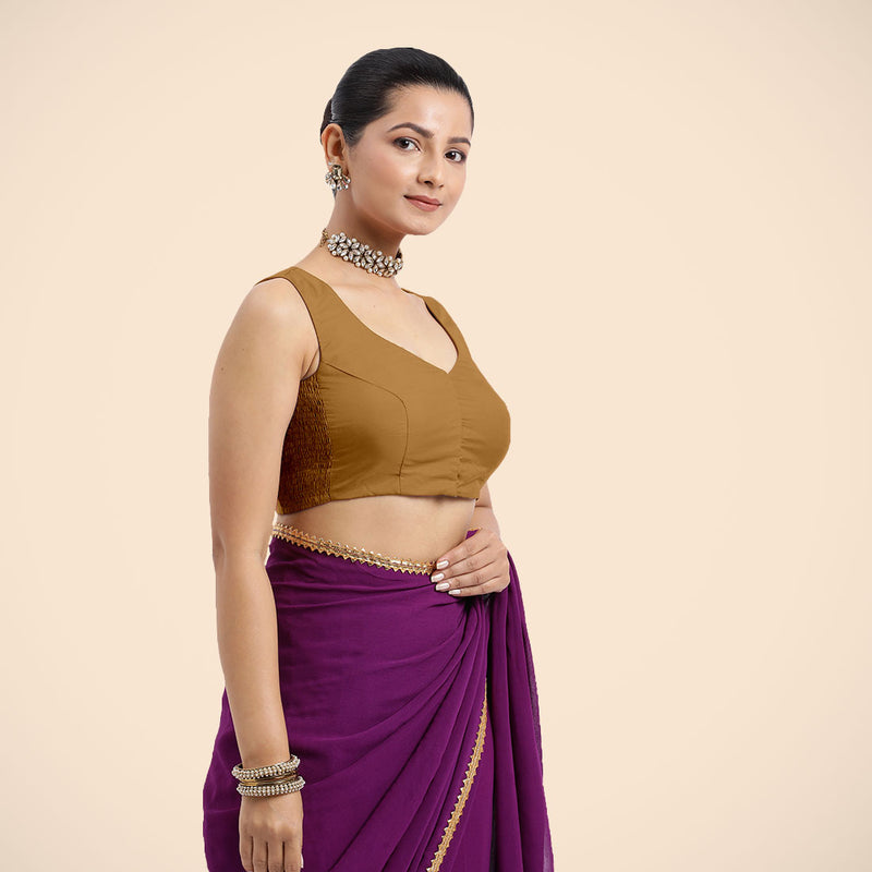 Nazia x Rozaana | Bronze Gold Sleeveless FlexiFit™ Saree Blouse with Front Open Curved V Neckline with Deep Back and Dori-Binks