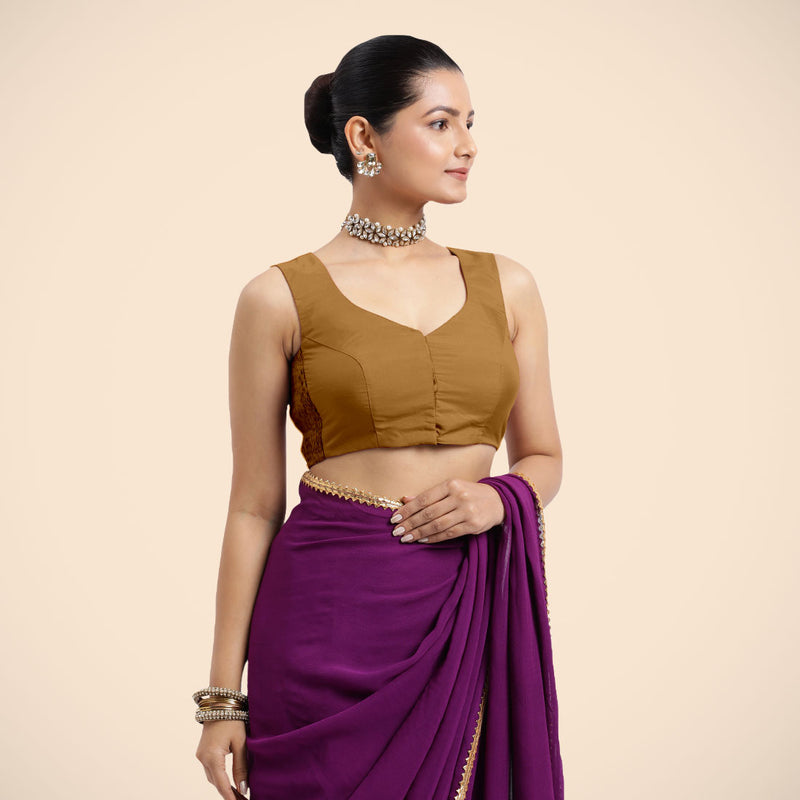 Nazia x Rozaana | Bronze Gold Sleeveless FlexiFit™ Saree Blouse with Front Open Curved V Neckline with Deep Back and Dori-Binks