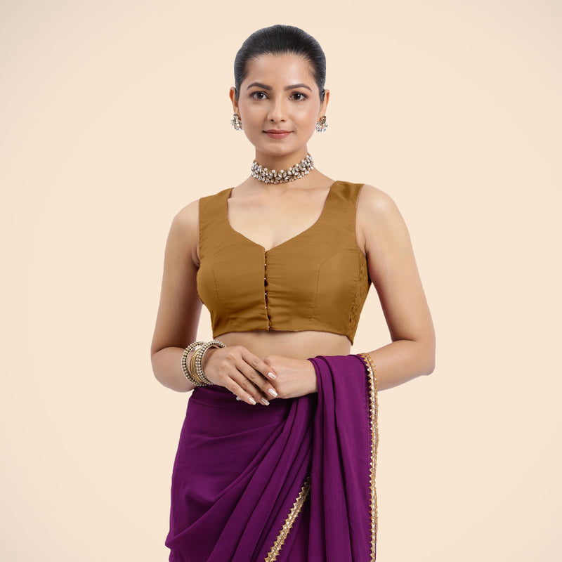 Nazia x Rozaana | Bronze Gold Sleeveless FlexiFit™ Saree Blouse with Front Open Curved V Neckline with Deep Back and Dori-Binks