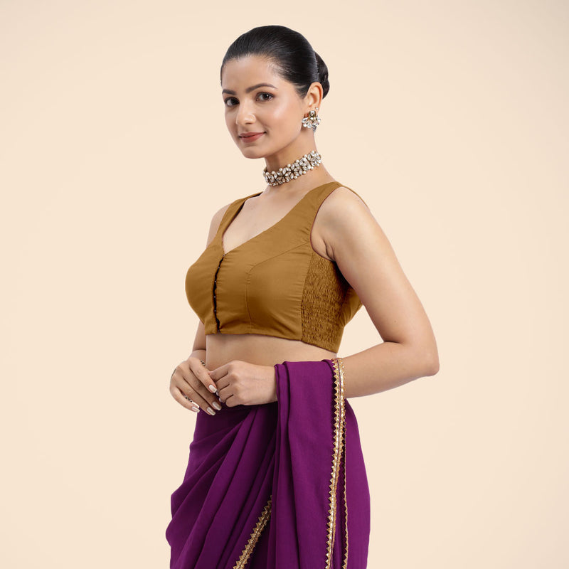 Nazia x Rozaana | Bronze Gold Sleeveless FlexiFit™ Saree Blouse with Front Open Curved V Neckline with Deep Back and Dori-Binks