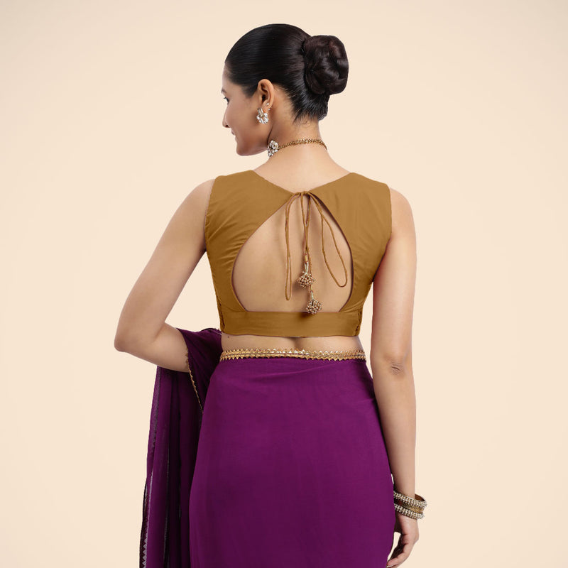 Nazia x Rozaana | Bronze Gold Sleeveless FlexiFit™ Saree Blouse with Front Open Curved V Neckline with Deep Back and Dori-Binks