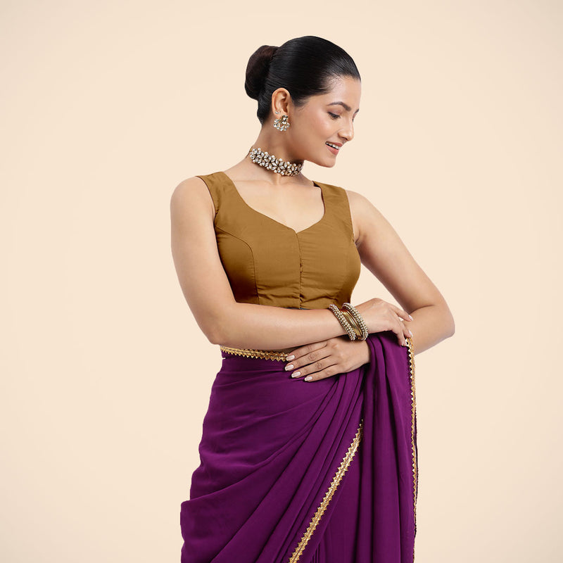 Nazia x Rozaana | Bronze Gold Sleeveless FlexiFit™ Saree Blouse with Front Open Curved V Neckline with Deep Back and Dori-Binks