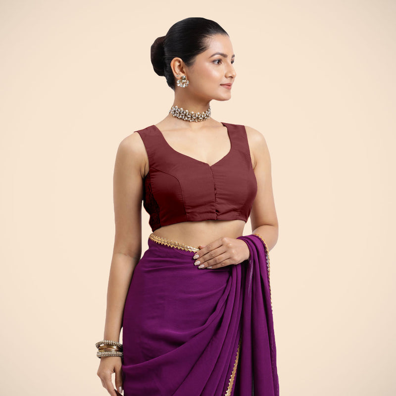 Nazia x Rozaana | Burgundy Sleeveless FlexiFit™ Saree Blouse with Front Open Curved V Neckline with Deep Back and Dori-Binks