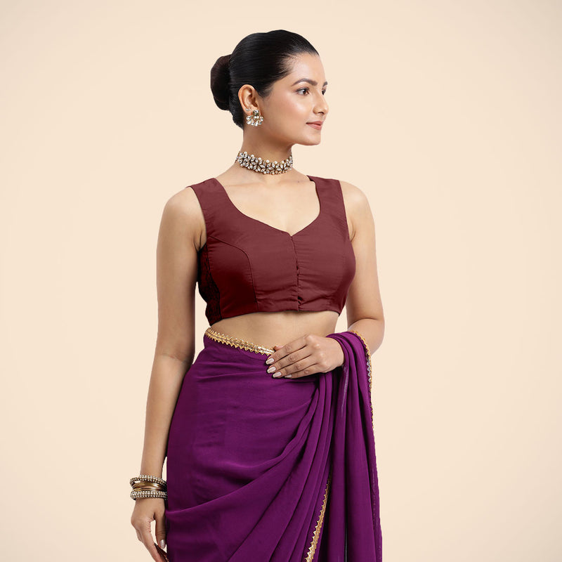 Nazia x Rozaana | Burgundy Sleeveless FlexiFit™ Saree Blouse with Front Open Curved V Neckline with Deep Back and Dori-Binks
