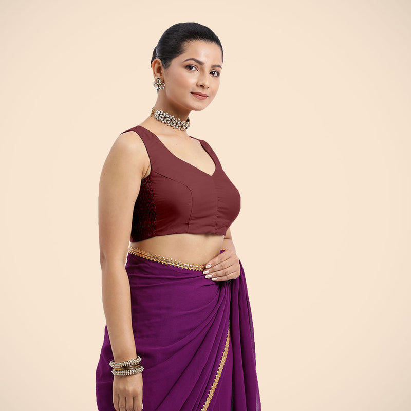 Nazia x Rozaana | Burgundy Sleeveless FlexiFit™ Saree Blouse with Front Open Curved V Neckline with Deep Back and Dori-Binks