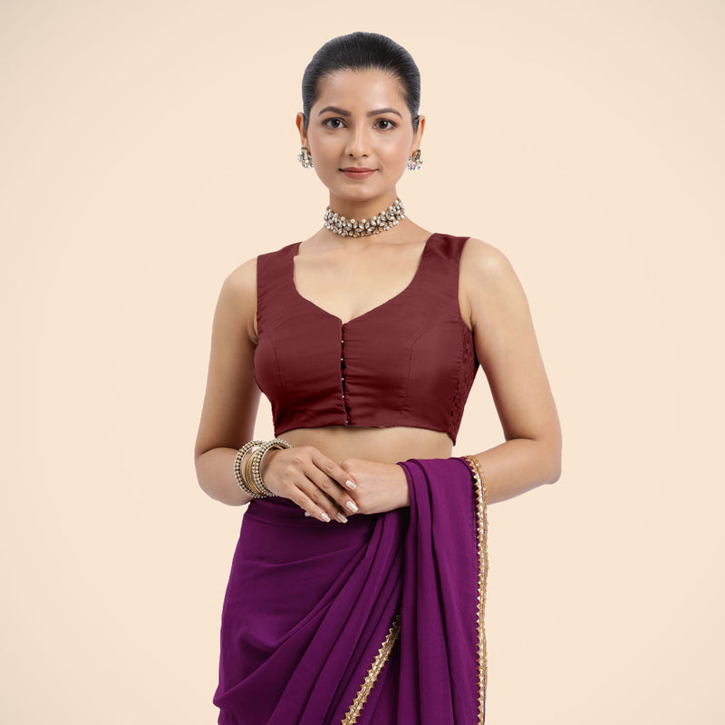 Nazia x Rozaana | Burgundy Sleeveless FlexiFit™ Saree Blouse with Front Open Curved V Neckline with Deep Back and Dori-Binks
