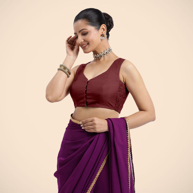 Nazia x Rozaana | Burgundy Sleeveless FlexiFit™ Saree Blouse with Front Open Curved V Neckline with Deep Back and Dori-Binks