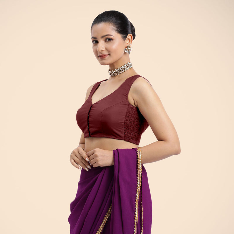 Nazia x Rozaana | Burgundy Sleeveless FlexiFit™ Saree Blouse with Front Open Curved V Neckline with Deep Back and Dori-Binks