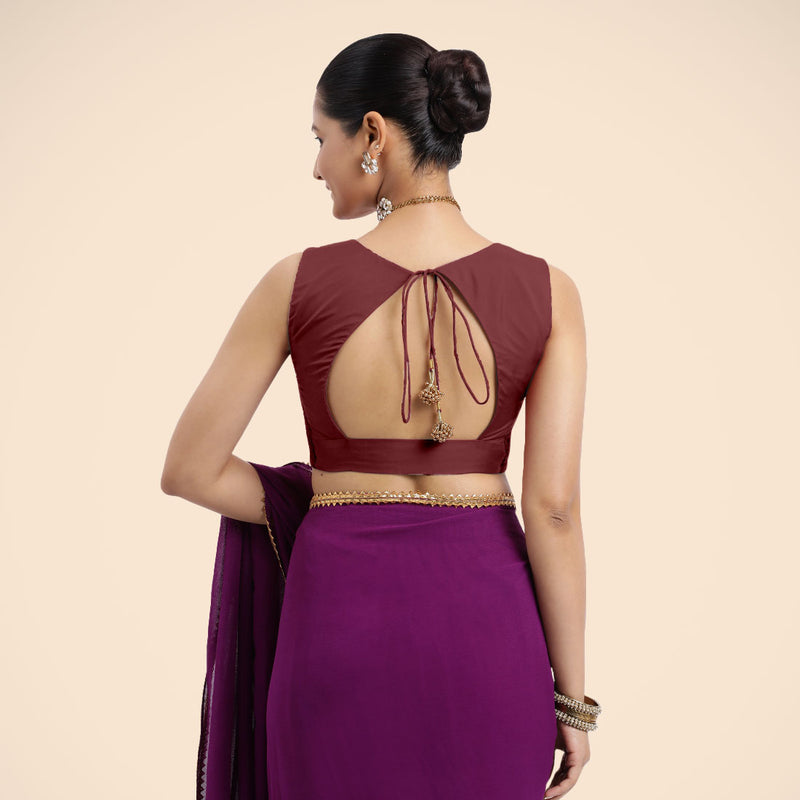 Nazia x Rozaana | Burgundy Sleeveless FlexiFit™ Saree Blouse with Front Open Curved V Neckline with Deep Back and Dori-Binks