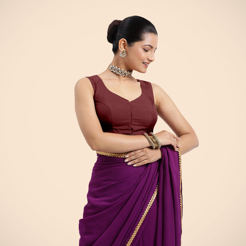 Nazia x Rozaana | Burgundy Sleeveless FlexiFit™ Saree Blouse with Front Open Curved V Neckline with Deep Back and Dori-Binks