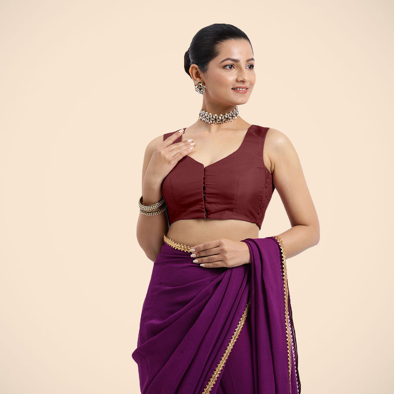 Nazia x Rozaana | Burgundy Sleeveless FlexiFit™ Saree Blouse with Front Open Curved V Neckline with Deep Back and Dori-Binks