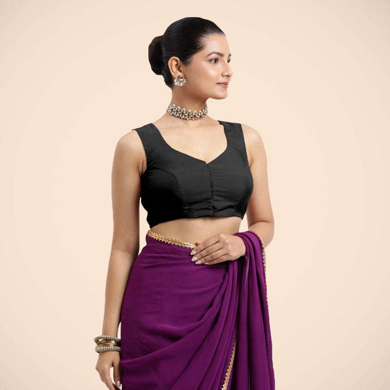 Nazia x Rozaana Saree Blouse, in Black Vegan Silk, featuring sleeveless and curved v-neckline, made for daily & work.