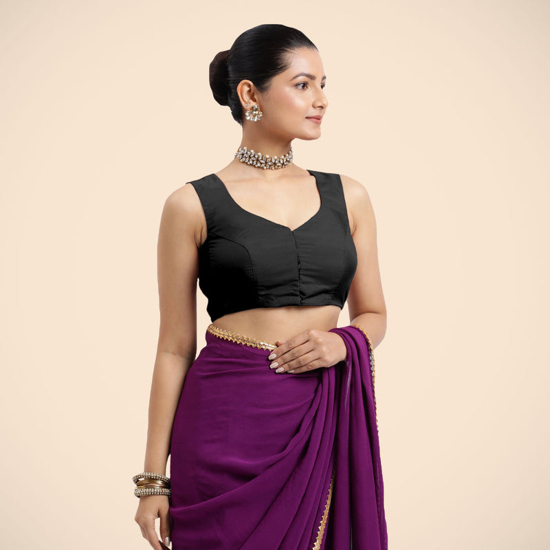 Nazia x Rozaana | Charcoal Black Sleeveless FlexiFit™ Saree Blouse with Front Open Curved V Neckline with Deep Back and Dori-Binks