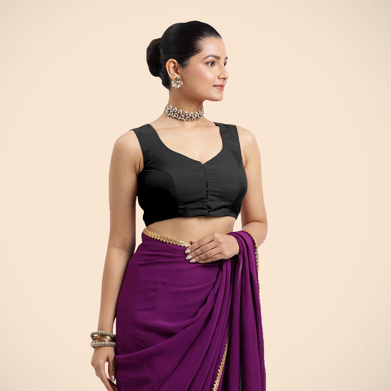 Nazia x Rozaana | Charcoal Black Sleeveless FlexiFit™ Saree Blouse with Front Open Curved V Neckline with Deep Back and Dori-Binks