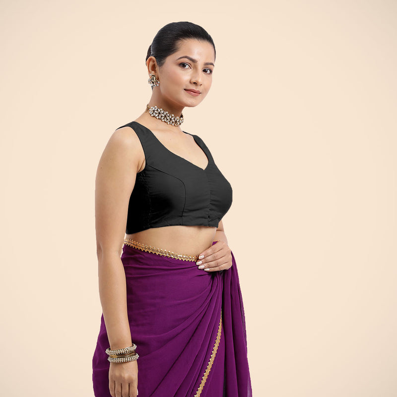 Nazia x Rozaana | Charcoal Black Sleeveless FlexiFit™ Saree Blouse with Front Open Curved V Neckline with Deep Back and Dori-Binks