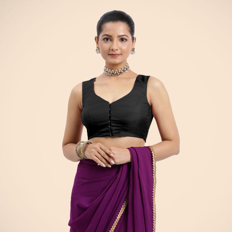 Nazia x Rozaana Saree Blouse, in Black Vegan Silk, featuring sleeveless and curved v-neckline, made for daily & work (view 2).