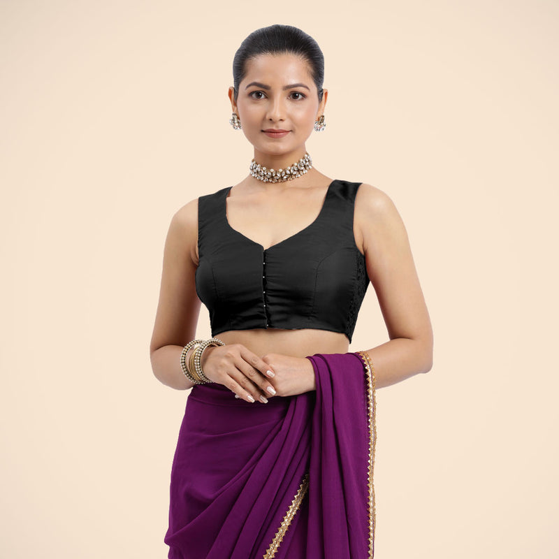 Nazia x Rozaana | Charcoal Black Sleeveless FlexiFit™ Saree Blouse with Front Open Curved V Neckline with Deep Back and Dori-Binks