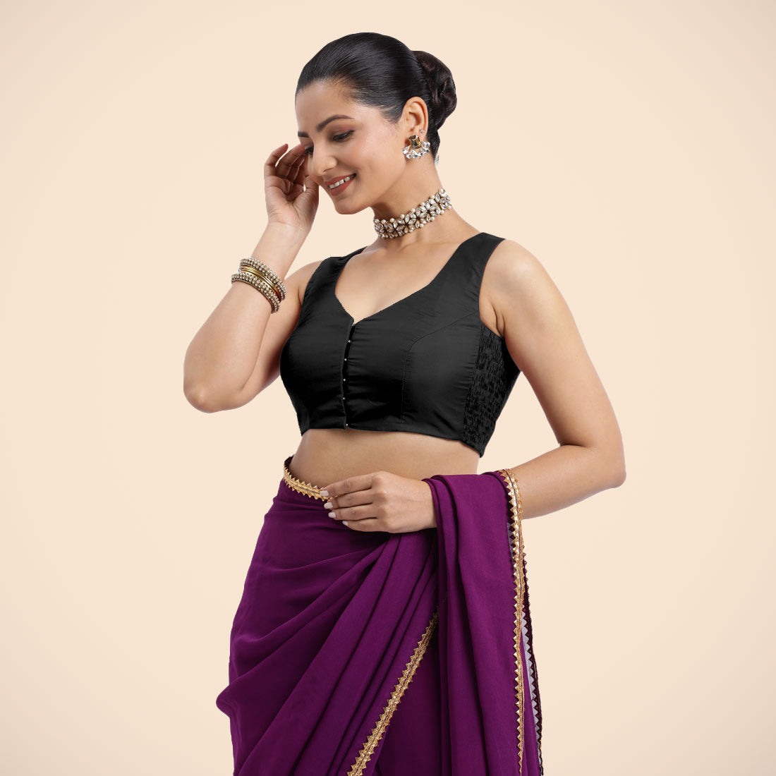 Nazia x Rozaana Saree Blouse, in Black Vegan Silk, featuring sleeveless and curved v-neckline, made for daily & work (view 3).