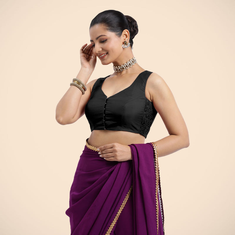Nazia x Rozaana | Charcoal Black Sleeveless FlexiFit™ Saree Blouse with Front Open Curved V Neckline with Deep Back and Dori-Binks