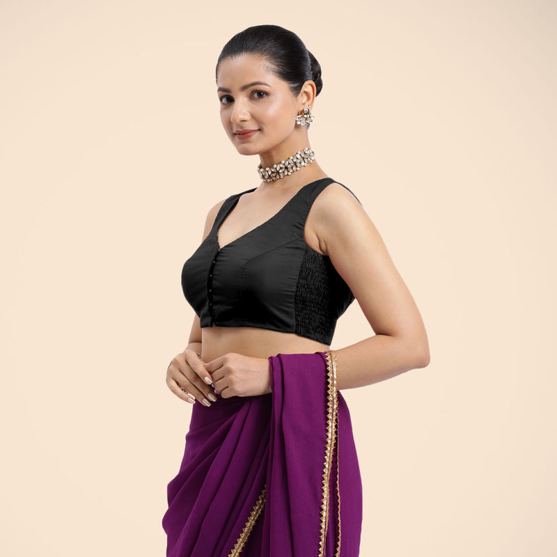 Nazia x Rozaana | Charcoal Black Sleeveless FlexiFit™ Saree Blouse with Front Open Curved V Neckline with Deep Back and Dori-Binks