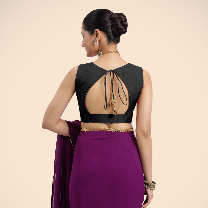 Nazia x Rozaana | Charcoal Black Sleeveless FlexiFit™ Saree Blouse with Front Open Curved V Neckline with Deep Back and Dori-Binks