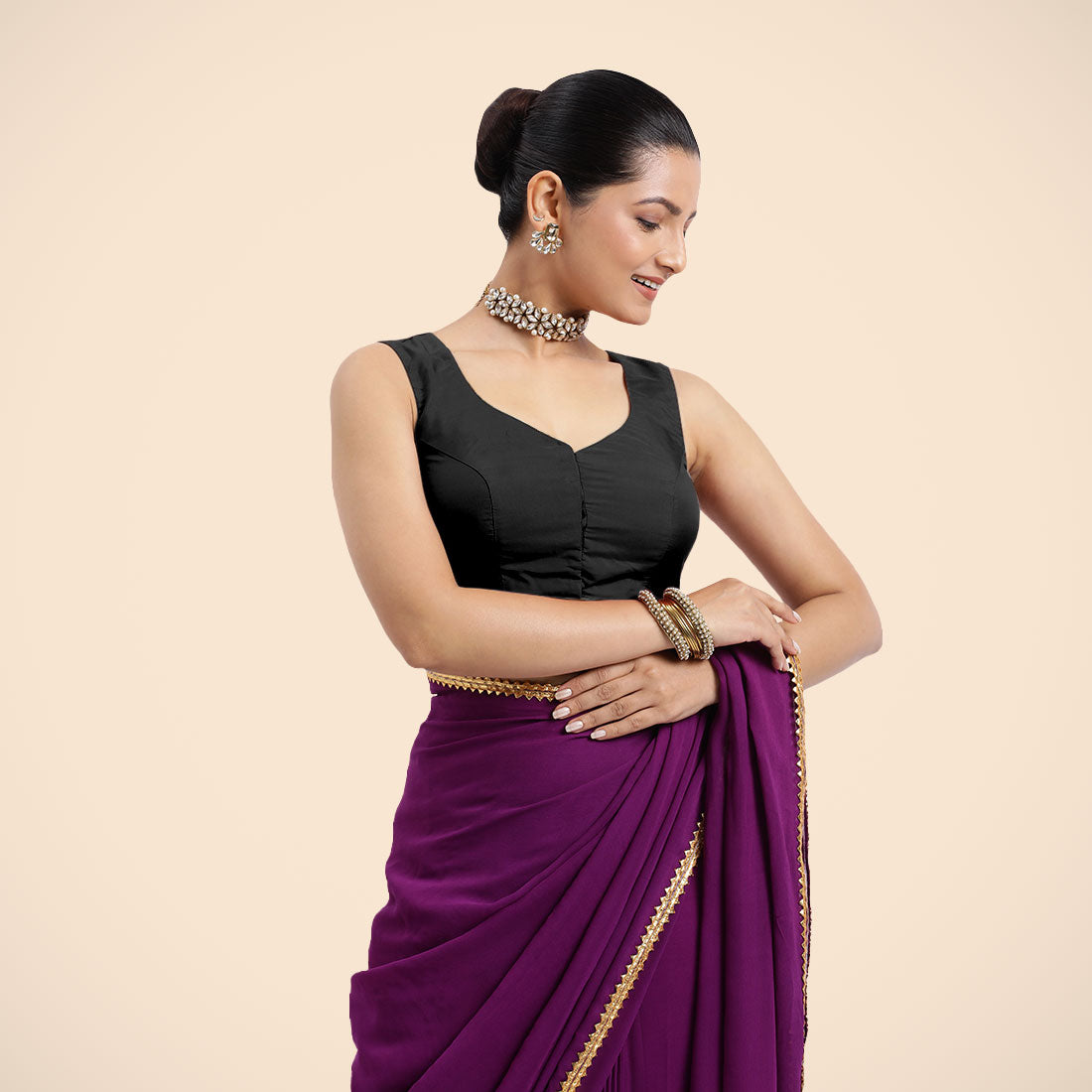 Nazia x Rozaana Saree Blouse, in Black Vegan Silk, featuring sleeveless and curved v-neckline, made for daily & work (view 8).