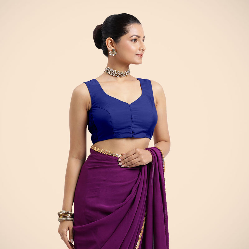 Nazia x Rozaana | Cobalt Blue Sleeveless FlexiFit™ Saree Blouse with Front Open Curved V Neckline with Deep Back and Dori-Binks