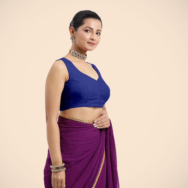 Nazia x Rozaana | Cobalt Blue Sleeveless FlexiFit™ Saree Blouse with Front Open Curved V Neckline with Deep Back and Dori-Binks