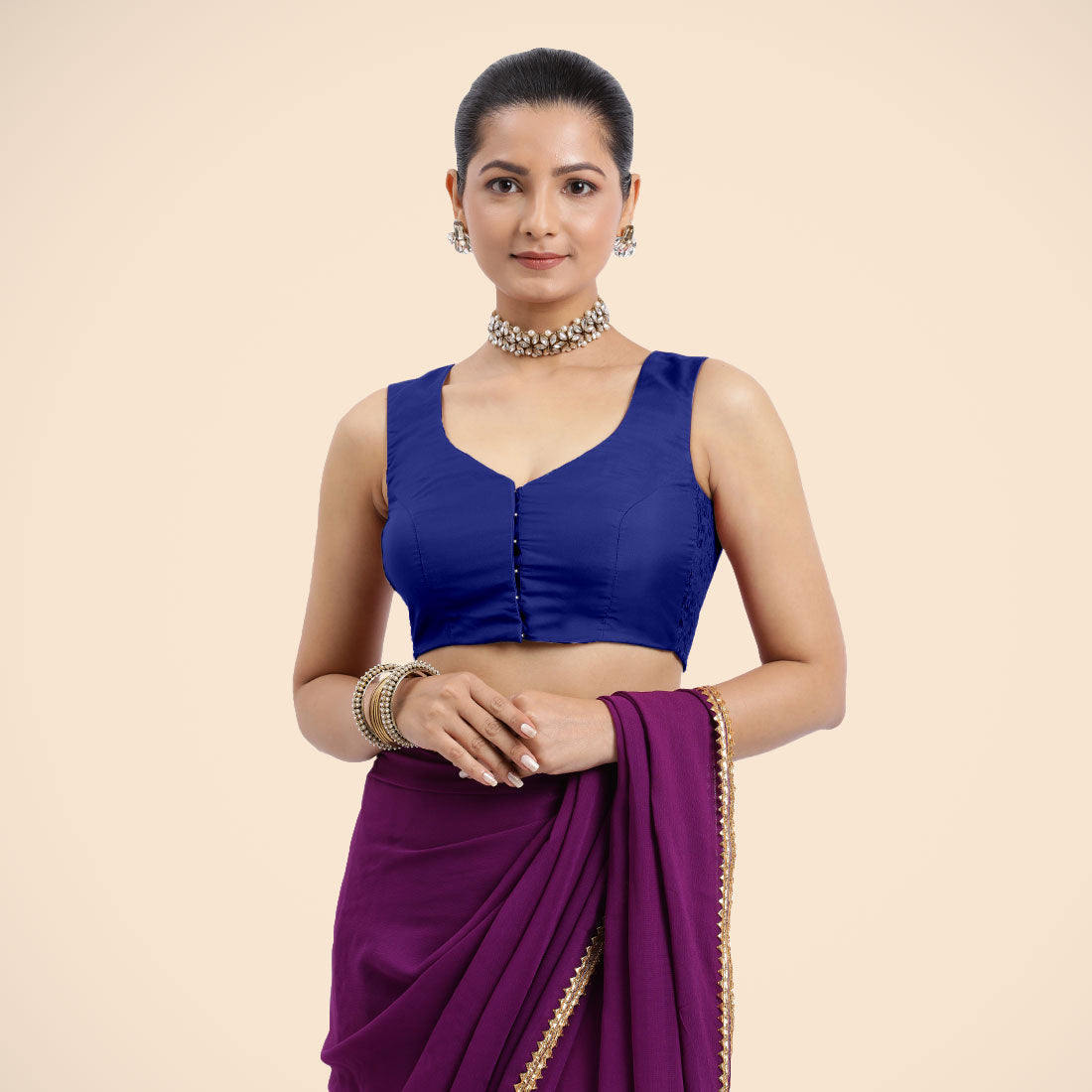 Nazia x Rozaana Saree Blouse, in Blue Vegan Silk, featuring sleeveless and curved v-neckline, made for daily & work (view 2).
