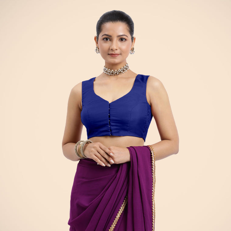Nazia x Rozaana Saree Blouse, in Blue Vegan Silk, featuring sleeveless and curved v-neckline, made for daily & work (view 2).