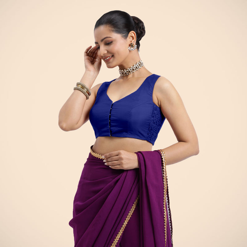 Nazia x Rozaana | Cobalt Blue Sleeveless FlexiFit™ Saree Blouse with Front Open Curved V Neckline with Deep Back and Dori-Binks