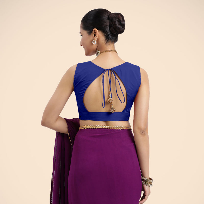 Nazia x Rozaana | Cobalt Blue Sleeveless FlexiFit™ Saree Blouse with Front Open Curved V Neckline with Deep Back and Dori-Binks