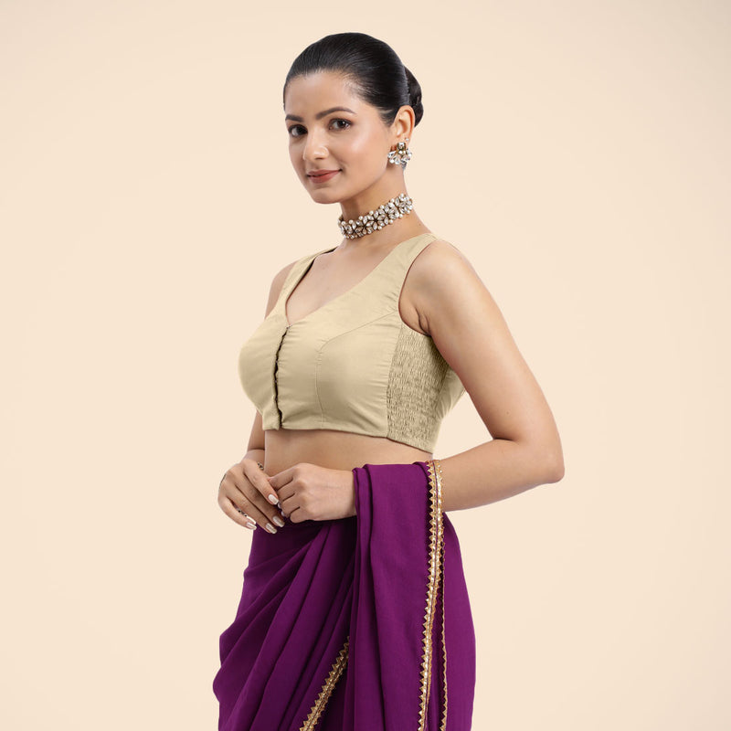 Nazia x Rozaana | Cream Sleeveless FlexiFit™ Saree Blouse with Front Open Curved V Neckline with Deep Back and Dori-Binks