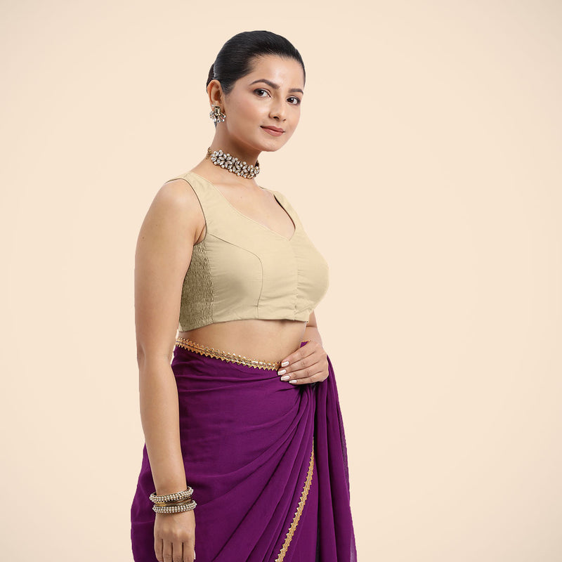 Nazia x Rozaana | Cream Sleeveless FlexiFit™ Saree Blouse with Front Open Curved V Neckline with Deep Back and Dori-Binks