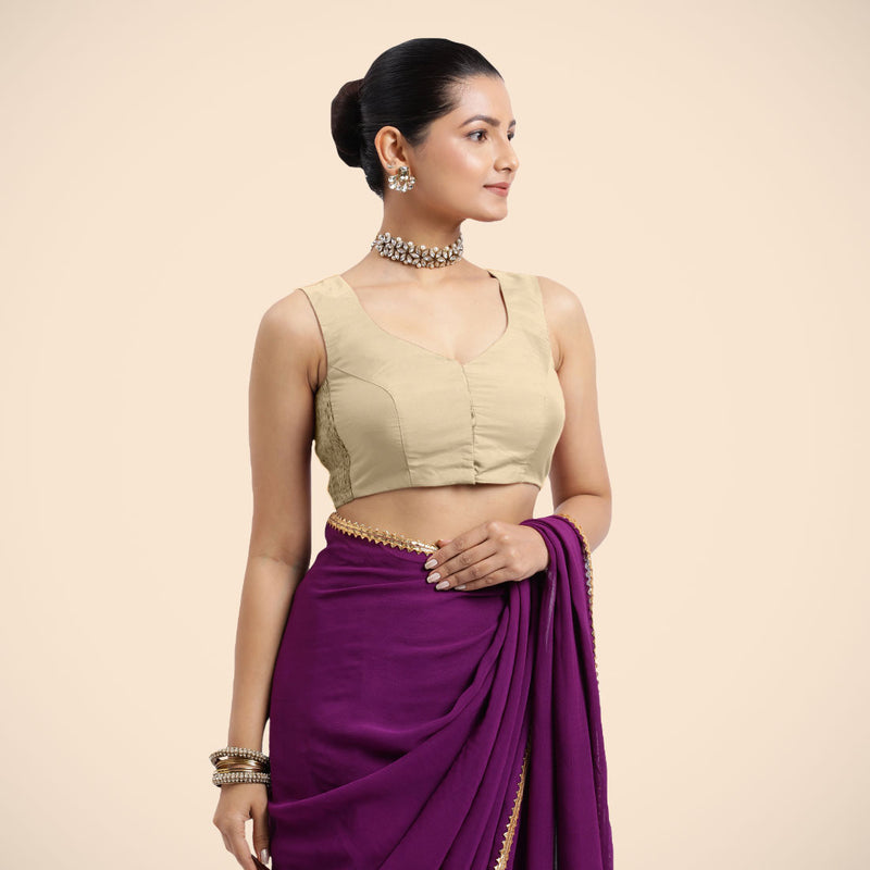 Nazia x Rozaana | Cream Sleeveless FlexiFit™ Saree Blouse with Front Open Curved V Neckline with Deep Back and Dori-Binks