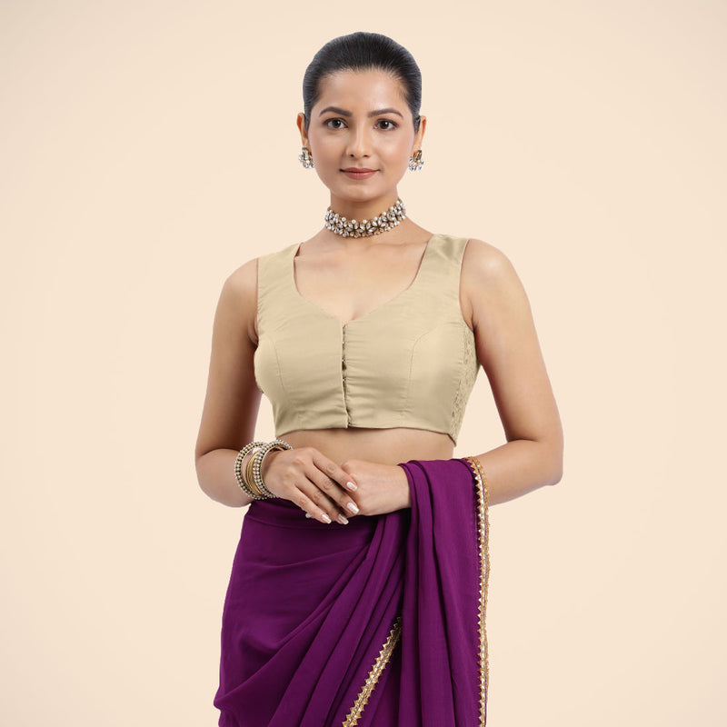 Nazia x Rozaana | Cream Sleeveless FlexiFit™ Saree Blouse with Front Open Curved V Neckline with Deep Back and Dori-Binks