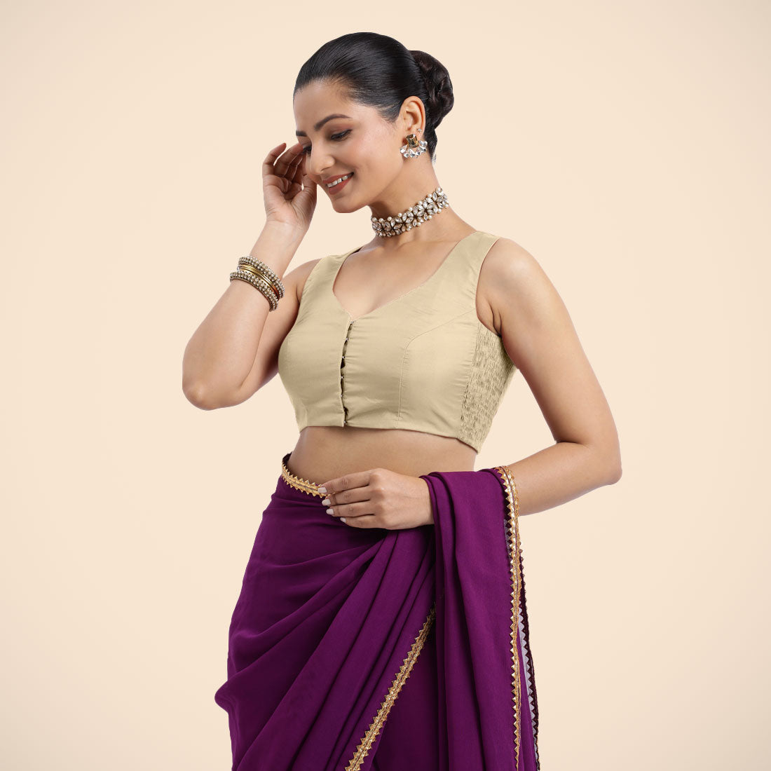 Nazia x Rozaana Saree Blouse, in Cream Vegan Silk, featuring sleeveless and curved v-neckline, made for daily & work (view 4).