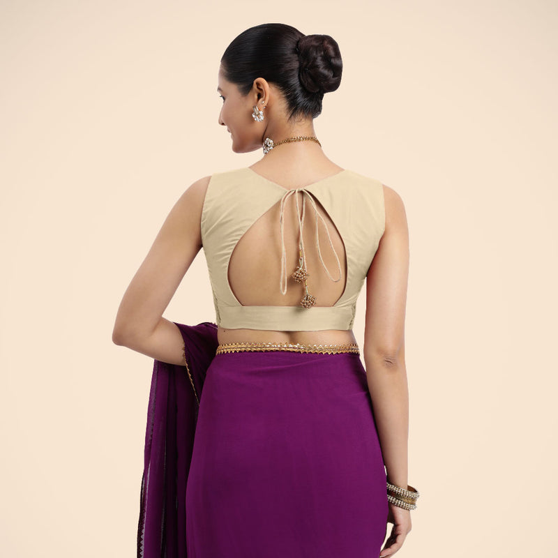 Nazia x Rozaana | Cream Sleeveless FlexiFit™ Saree Blouse with Front Open Curved V Neckline with Deep Back and Dori-Binks