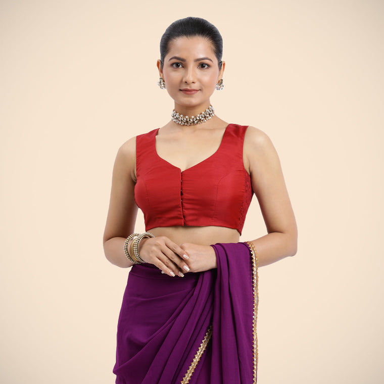 Nazia x Rozaana Saree Blouse, in Red Vegan Silk, featuring sleeveless and curved v-neckline, made for daily & work.