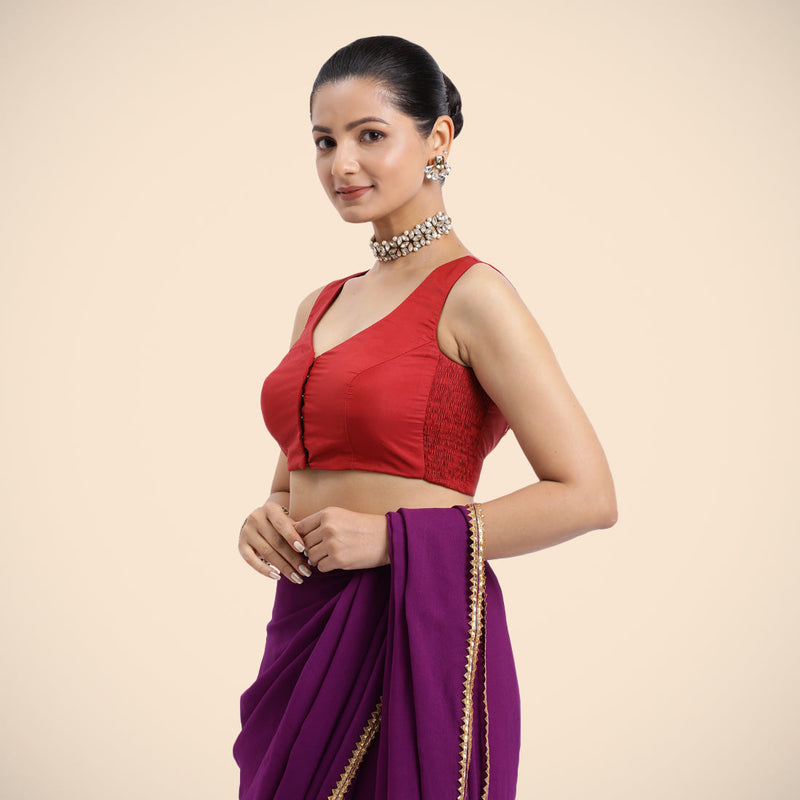 Nazia x Rozaana | Crimson Red Sleeveless FlexiFit™ Saree Blouse with Front Open Curved V Neckline with Deep Back and Dori-Binks
