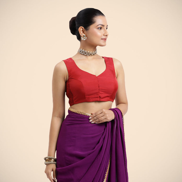 Nazia x Rozaana Saree Blouse, in Red Vegan Silk, featuring sleeveless and curved v-neckline, made for daily & work (view 3).