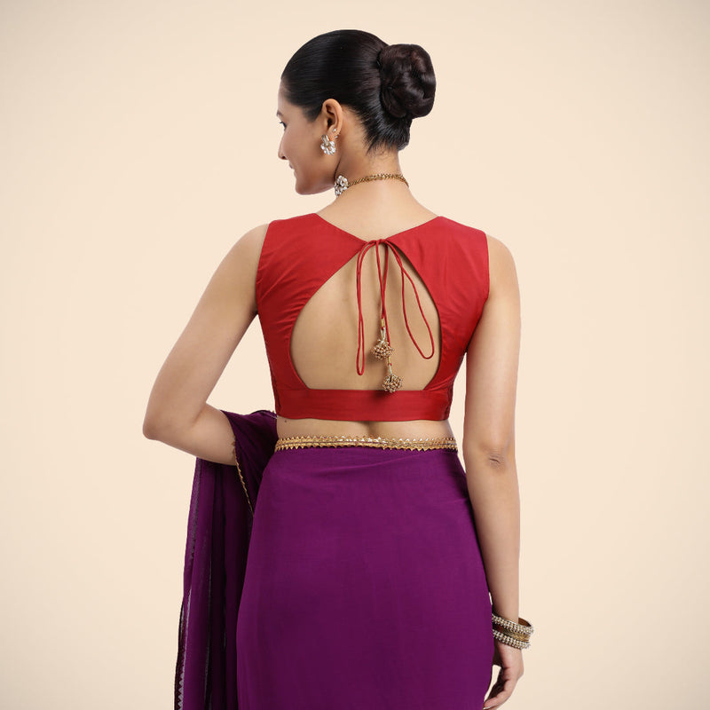 Nazia x Rozaana | Crimson Red Sleeveless FlexiFit™ Saree Blouse with Front Open Curved V Neckline with Deep Back and Dori-Binks